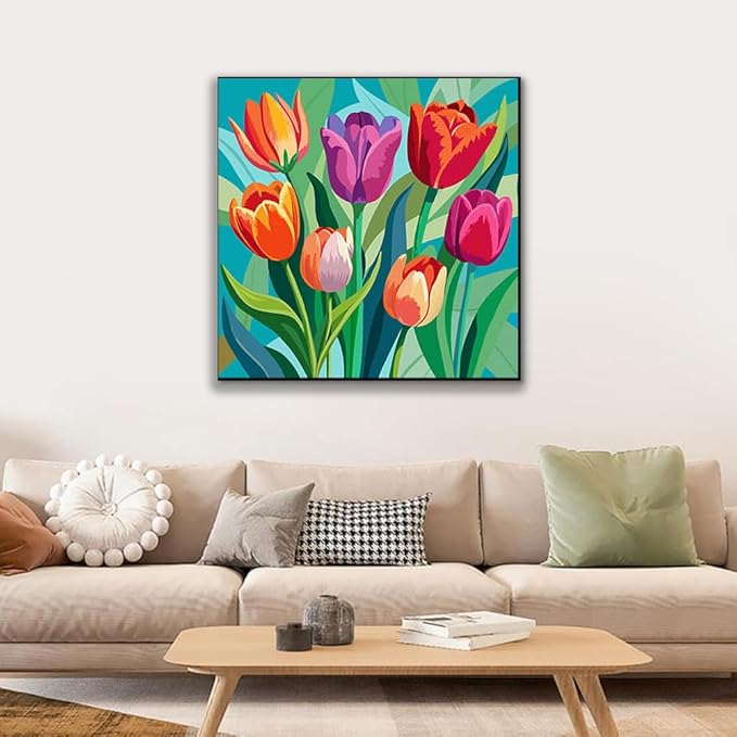 JUJUHOOD Tulip Flower Framed Paint by Numbers Kit for Adults Beginner & Kids Ages 8-12, Easy Paint by Number Without Easel, Simple Paint by Numbers for Gift Home Wall Decor (10x10Inch)