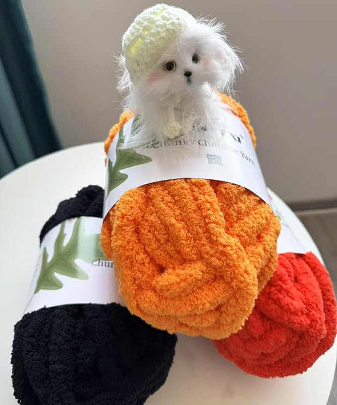 DDL&HEXI 2 Skeins Super Chenille Chunky Yarn,Blanket Making Kit,Jumbo Knitting Yarn 2x8oz 226g per Bag (Halloween Pumpkin)