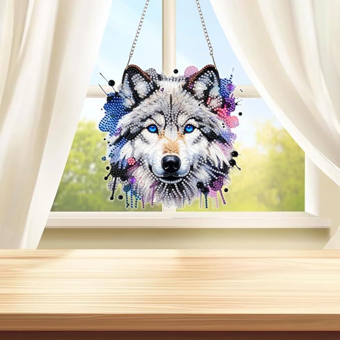 Masendp Wolf Diamond Art Pendant Kit, 5D DIY Special Shape Diamond Art Kit for Adults, Crystal Rhinestone Wolf Diamond Painting Animal Gem Artist Home Decorations