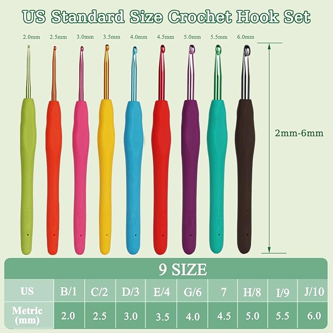 Aelike Ergonomic Soft Grip Crochet Hooks, Portable Travel Set with Accessories, Aluminum Needles 2mm-6mm