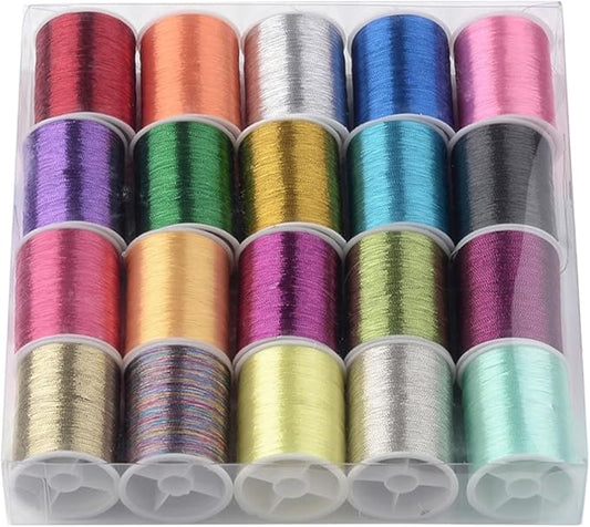 20 Rolls 1100M 0.1MM Thin Metallic Multicolor Cord Rope Embroidery Thread Colorful Christmas Polyester Tinsel Glitter String spool Bulk for Sewing Making Craft Bracelets Beading Knitting Diy