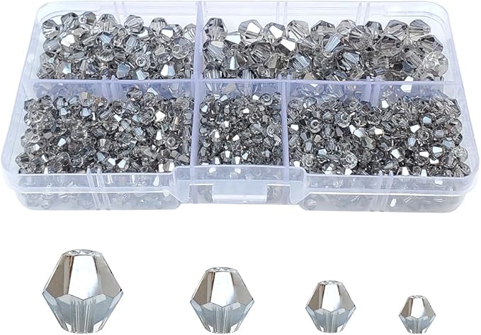 Clear Grey Bicone Glass Beads for Jewelry Making, Faceted Crytal Spacer Beads for Bracelet Necklace Earring (3mm 4mm 6mm 8mm Mixed Sizes, 1040pcs)