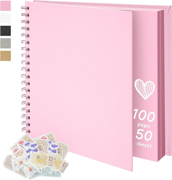 10X10 Inch DIY Scrapbook Photo Album, Kraft Blank Paper Scrap Book 100 Pages Memory Book for Wedding Family, Pink
