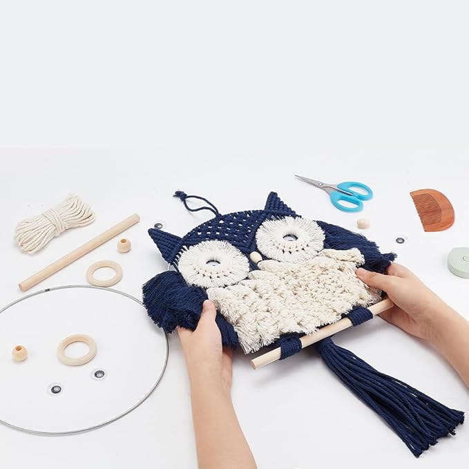 FREEBLOSS DIY Macrame Owl Kit with Video Tutorial Macrame Wall Hanging Ornament Boho Wall Hanging Decor Navy Blue&White Macrame Tapestry Gift Macrame Kit for Beginners