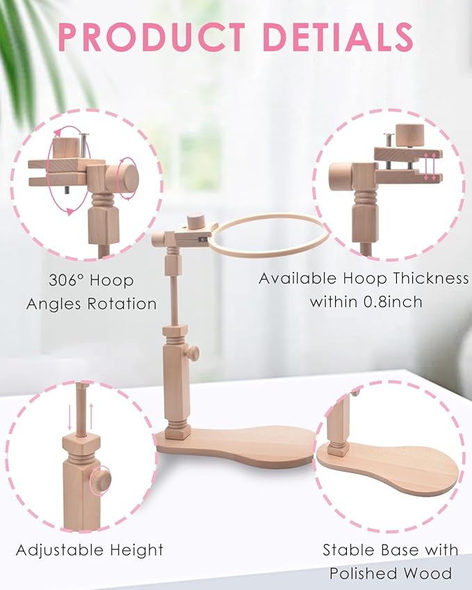 tindtop beech wood embroidery hoop stand, with 3pcs embroidery hoops (3inch + 6inch + 8inch), adjustable rotated wooden embroidery hoop holder for cross stitch and embroidery projects