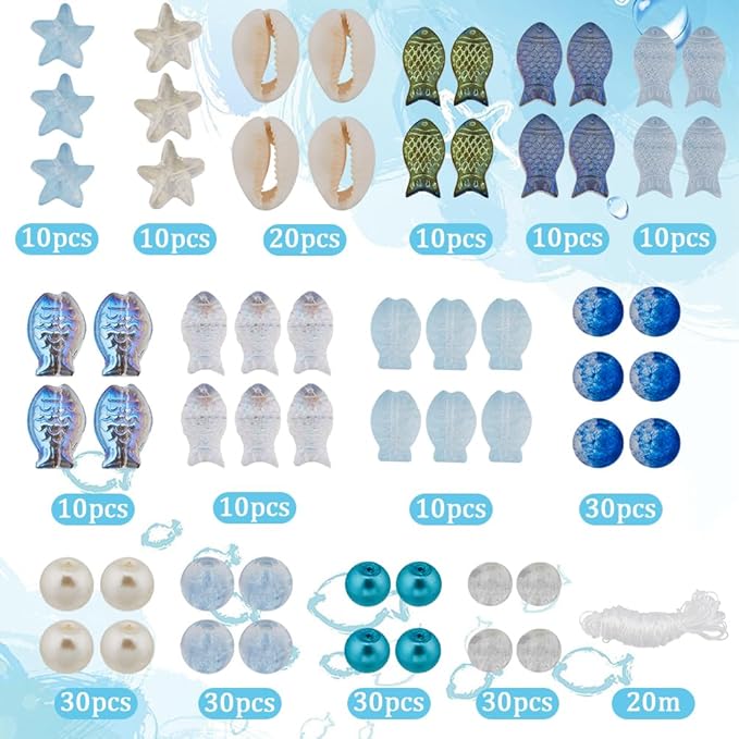 SUNNYCLUE 1 Box 251Pcs Fish Glass Beads Starfish Beads Bulk Natural Seashell Beads Summer Ocean Sea Animal Beading Double Sided Small Fish Starfish Beaded 8mm Round Beads for Jewelry Making Kits