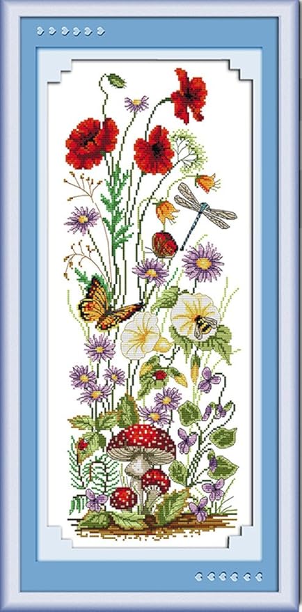 CaptainCrafts Cross Stitch Kits for Adults Counted Cross Stitch Unprinted Fabric Cross Stitching DIY Art DMC Needlecrafts Embroidery Kit for Adults (White, Spring, Butterfly Flowers Dragonfly)