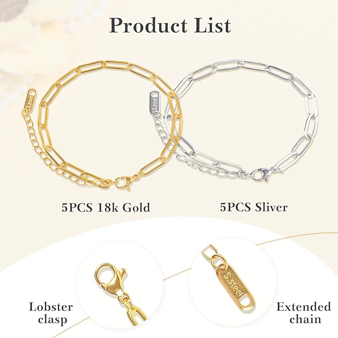 wisreach 10 pcs charm bracelet kit 18k gold plated paperclip chain — 6.3 inch adjustable stainless steel charm bracelets with lobster clasps for diy jewelry making (gold & silver)