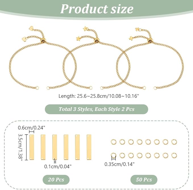UNICRAFTALE DIY 304 Stainless Steel Rectangle Link Bracelet Making Kits Golden Engravable Bracelets Blank Tags Links Connectors 25cm Slider Bracelet 3.5mm Open Jump Rings for Bracelets Jewelry Making