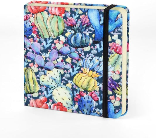 Mifuner Small Square 5x5 80gsm Mini Notebooks Blank Pages Sketchbooks Travel Journal Pocket Hardcover Paint Writing Notebook Blank Diary Memo Planner Sketchbook Fabric Cover, Blue Cactus