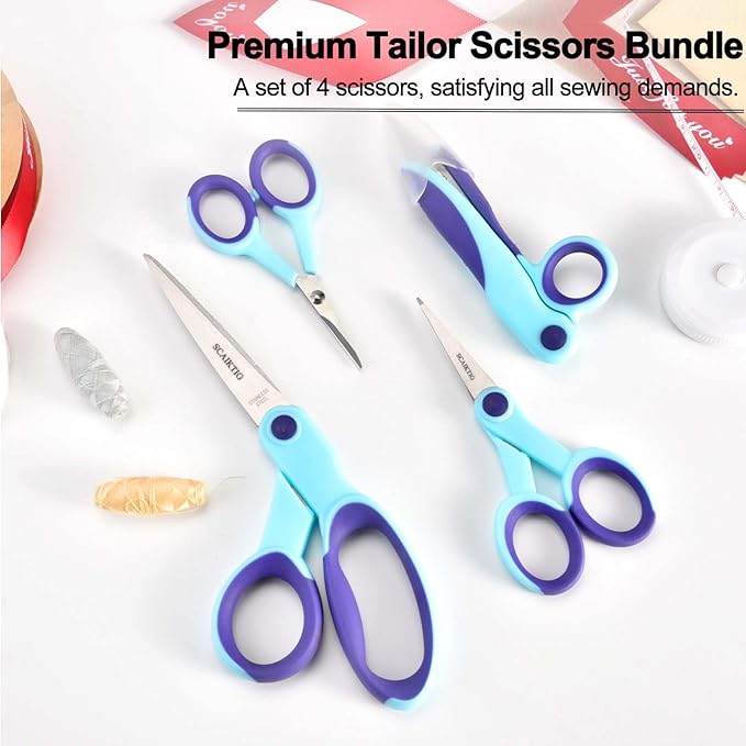 Premium Sewing Scissors Bundle, 8" Heavy Duty Fabric, 5" Embroidery, 4" Small Detail Scissors, 5" Thread Snips, Tailoring, Dressmaking, Quilting, Arts&Craft Supplies, Blue