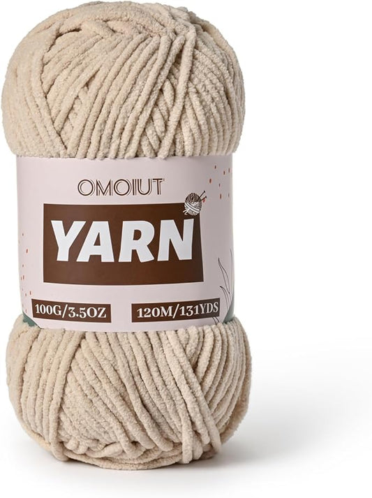 Plush Chenille Chunky Crochet Yarn - Baby Yarn for Crocheting Soft - Velvet Yarns Knitting for Blankets Crafts - Fluffy Amigurumi Yarns 100g / 131yd (Light Khaki)