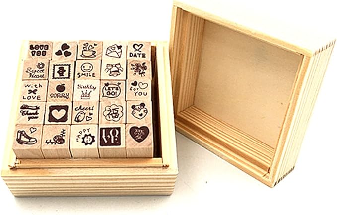 Diary Stamp Set,Wooden Rubber Signet for Children DIY Scrapbooking Planner Card Making(25pcs,Love Heart)
