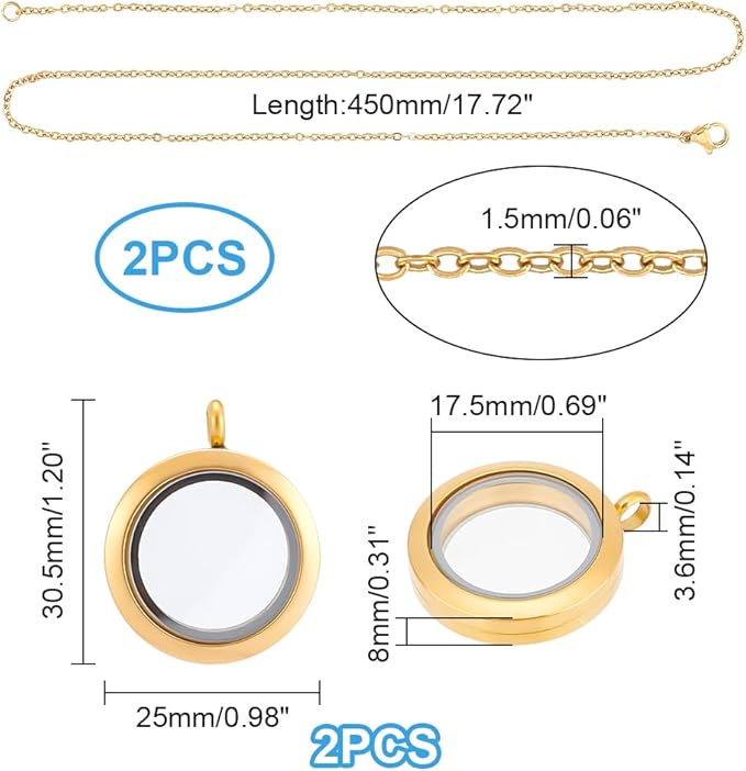 UNICRAFTALE 2 Sets Stainless Steel Memory Locket Necklace Golden Flat Round DIY Picture Photo Necklace Making Kit Memory Necklace with Crystal Double Sided Frame Glass Container Floating Charms