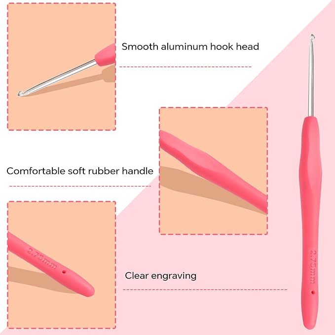 2.75mm Crochet Hook, Ergonomic Crochet Hooks with Soft Rubber Handle and Smooth Glide Head - Lightweight Aluminum Needles for Beginners, Arthritis, Yarn Projects, Long Crafting Sessions (2.75 mm)