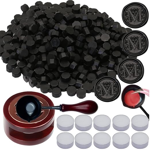 Sealing Wax Beads, ONWINPOR 400pcs Wax Seal Kit with Warmer, Non-Slip Spoon, Candles for Envelopes, Stamp Letter Seal,Wedding Invitations (Black)