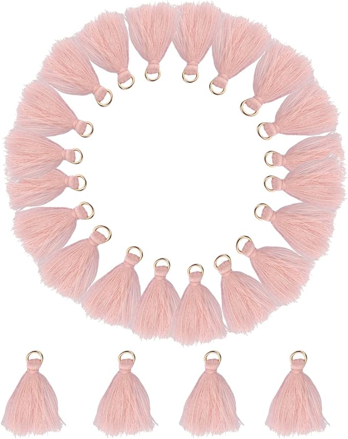 MSCFTFB 100 Pieces Mini Tassels with Jump Rings Mala Tassel Kit for Earring Necklace Jewelry Making Garland Keychain Charms Crafts Decorations (Misty Rose)