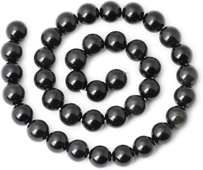 cheavian 35pcs 10mm natural black obsidian gemstone round loose beads crystal energy stone healing power for diy jewelry making 1 strand 15"
