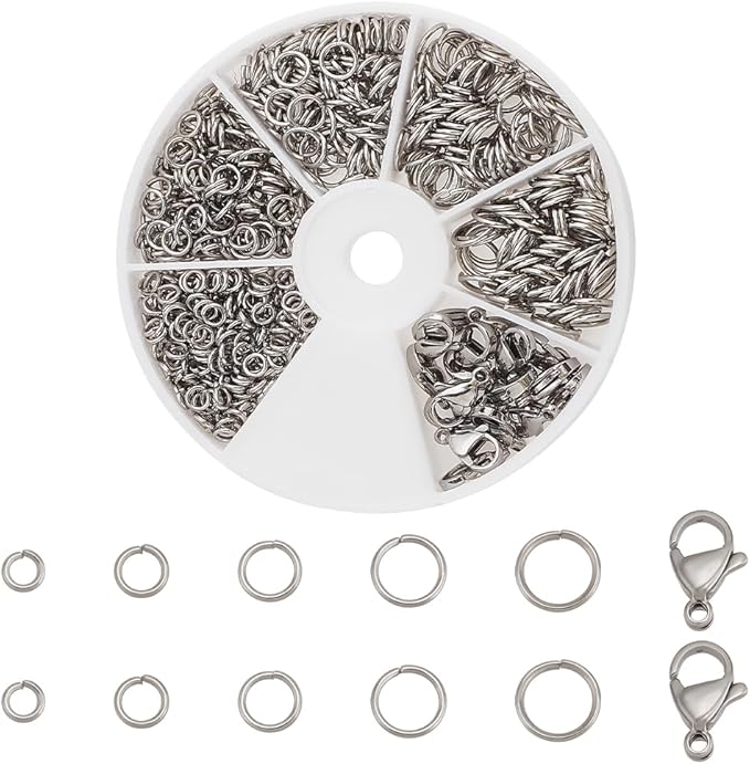 PH PandaHall 640pcs 304 Stainless Steel Jump Rings with 20pcs 12x7.5mm Lobster Claw Clasps Kit, 4/5/6/7/8mm Open Jump Rings Jewelry Clasps and Closures for Earrings Necklace Pendants Jewelry Making