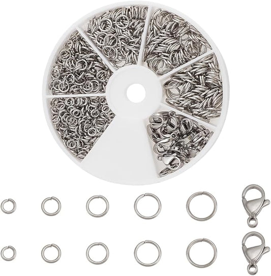 PH PandaHall 640pcs 304 Stainless Steel Jump Rings with 20pcs 12x7.5mm Lobster Claw Clasps Kit, 4/5/6/7/8mm Open Jump Rings Jewelry Clasps and Closures for Earrings Necklace Pendants Jewelry Making