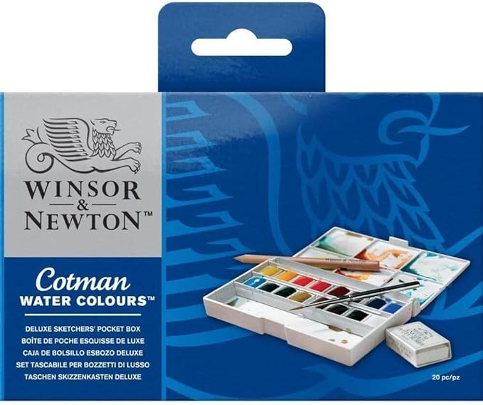 Winsor & Newton Cotman Watercolor Paint Set, Complete Pocket Set, 16 Half Pan w/ Brush, Eraser, Mixing Palette