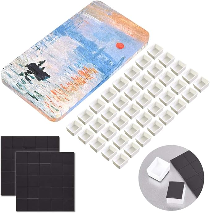 40Pcs Empty Half Pans with Magnetic Stripe Watercolor Paint Travel Tin Palette Case, Artist Paints Half Pan Kits for DIY Watercolor Oils or Acrylics Painting Art Drawing Sunrise, The Impression