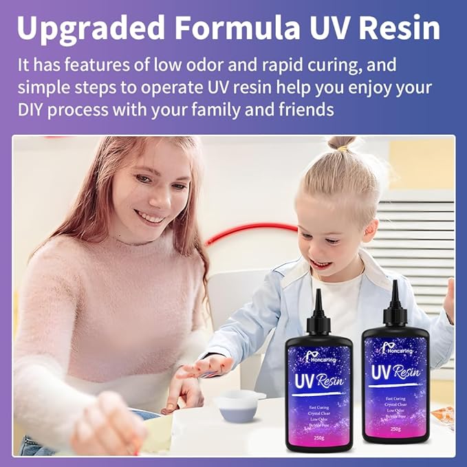 uv resin 500g, clear beginner-friendly kit with silicone tools, upgraded formula & crystal clear for jewlery making, craft, 250g*2 resin uv kit for earring, pendant, diy