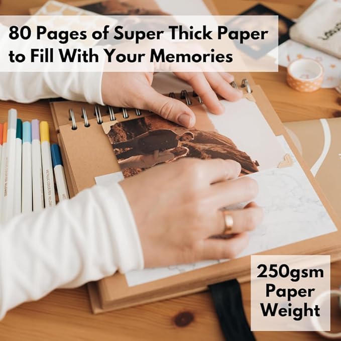 scrapbook kit - 80 page photo album diy scrapbook - holds 300+ photos, with metallic pens, 150+ stickers, glue pen, washi tapes, backing paper, photo corner stickers (starter kit - 8 x 8 inch, kraft)