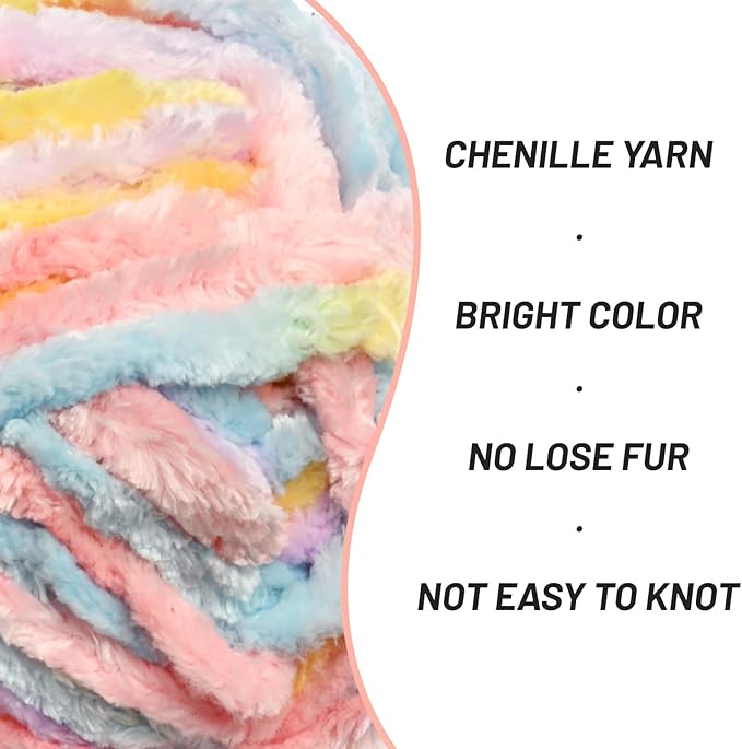 Fuzzy Chunky Chenille Yarn for Crocheting，Soft Plush Yarns for Hand Knitting，Bulky 3x100g（3x49.2 yd） Baby Blanket Yarn for Crocheting Amigurumi，Crochet Fluffy Velvet Yarns (3 Macaron)