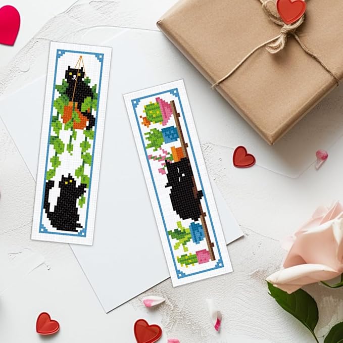 ACRNIGHEET 6PCS Cross Stitch Bookmark Kits Cute Cat and Plants Pattern Stamped Cross Stitch Kits for Beginners Adults DIY Stamped Embroidery Bookmarks with Instructions Hand Embroidery Craft Gift 11CT