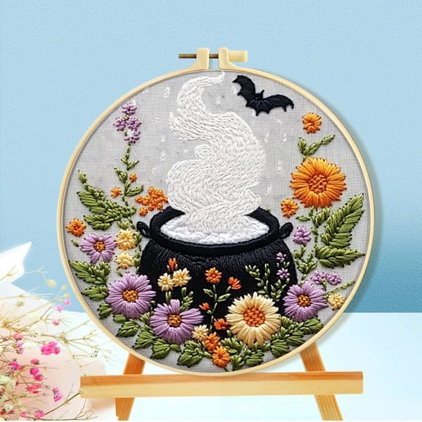 Zhenqing Halloween Magic Cauldron Embroidery Kit for Beginners - Complete Set with Pre-Printed 29x29cm Cotton Fabric, Hoop, Threads & Tools (C0120)