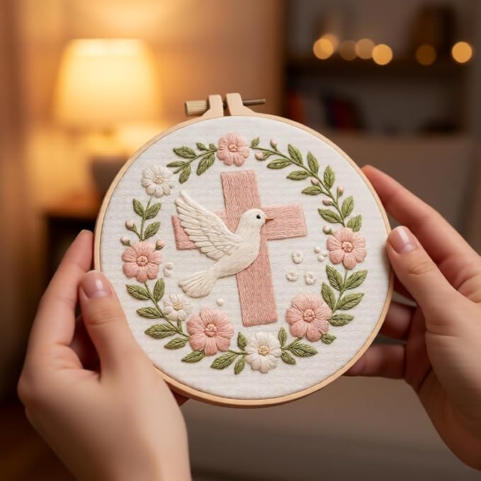 JJFox Embroidery Kit for Beginners and Adults, DIY Hand Embroidery Starter Kit with Cute Pattern, Cross Stitch Needlepoint Set with Hoop, Threads and Instructions (Cross)