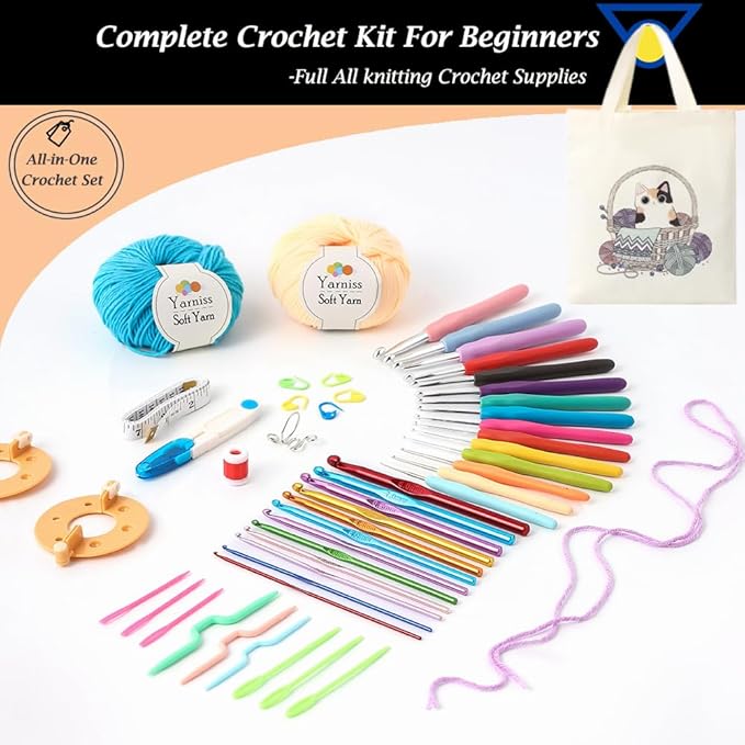 yarniss beginners crochet kits adults,starter crochet kit with 1132 yards crochet yarn&21 size knitting hooks,learn to crochet set with case