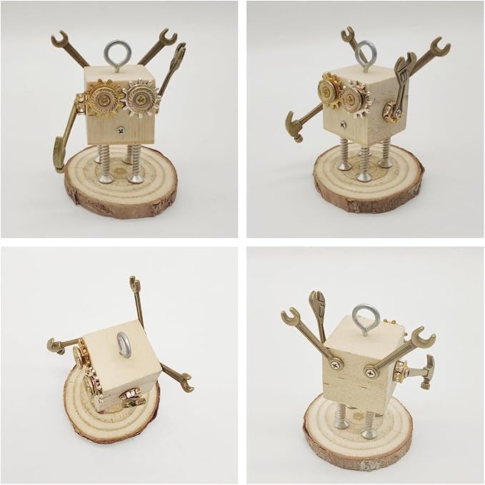 Mini Steampunk Robot Model Building Kit for Adults, Teens, Kids - Desk Figures DIY Project Construction with Wood & Metal - Perfect Gifts, Office Decor, STEAM Education - Keychain Charms(Repairman)
