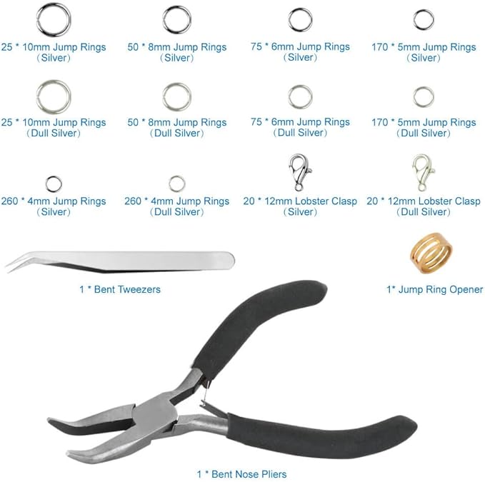 Anezus Jump Rings for Jewelry Making Supplies with Jump Ring Pliers (1200Pcs Dull Silver and Bright Silver)