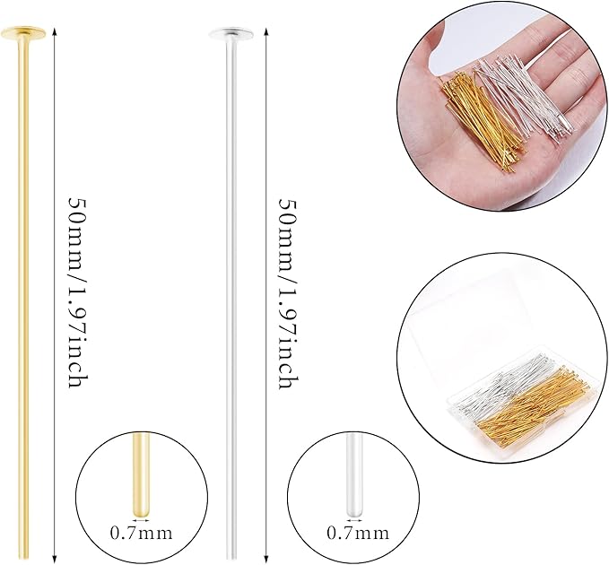 200 Pcs 50mm Straight Head Pins for Craft Earring Bracelet Necklace Pendant DIY Jewelry Making, Silver & Gold Color