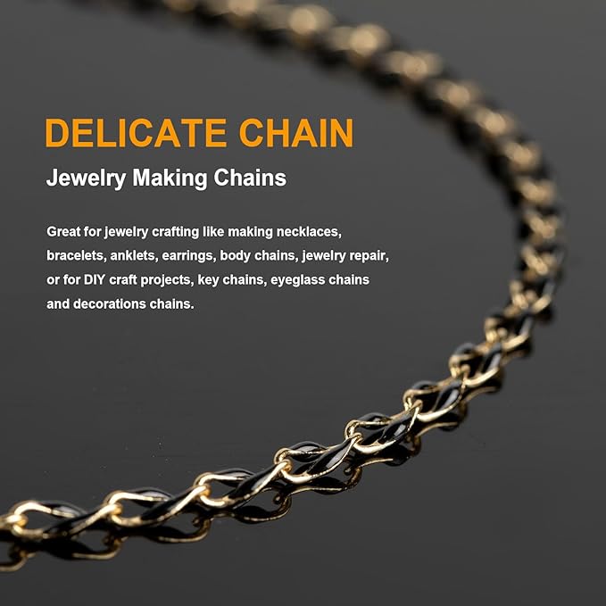 13 Feet/4M Gold Plated Brass Jewelry Making Chain Spool Black Oil Drip Enamel Chain Necklace Large Lip Chain with Lobster Clasps Jump Rings for DIY Craft Supply Jewelry Findings