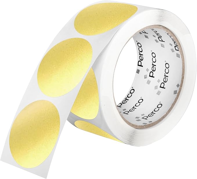 perco metallic gold 2-inch perforated circle dot sticker labels — 250 round stickers per roll — with permanent adhesive for awards, product seals, gift packaging, event marking & more — made in usa