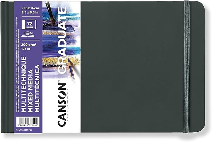 Canson Graduate Mixed Media Paper, Hard Cover Art Journal, 8.5x5.5 inches, 36 Sheets — Artist Paper for Collage, Watercolor, Ink, Pencil, Marker