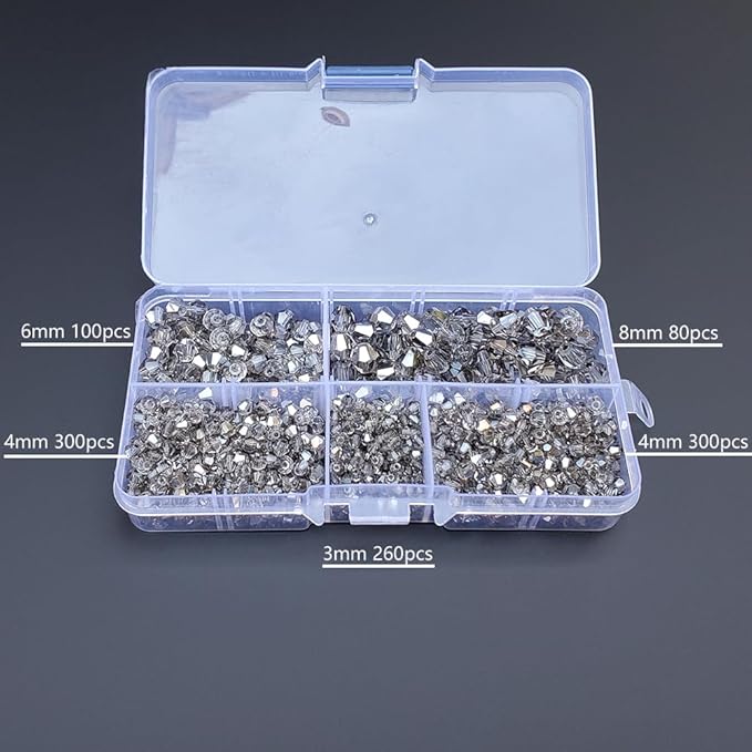 Clear Grey Bicone Glass Beads for Jewelry Making, Faceted Crytal Spacer Beads for Bracelet Necklace Earring (3mm 4mm 6mm 8mm Mixed Sizes, 1040pcs)