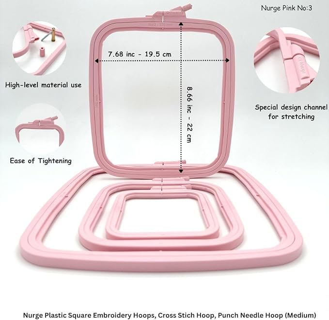 nurge square embroidery hoop - plastic cross stitch frame for needlepoint & embroidery - adjustable craft hoop - pink - no:3 (medium)