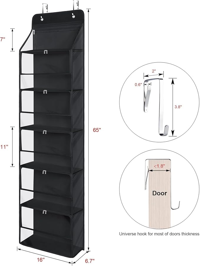 KEEGH Hanging Yarn Storage Organizer with 6 Zipper Closure Compartments, Large Capacity Crochet Storage Organizer, Over the Door Yarn Holder for Knitting Needles, Crochet Hooks, Clear Black