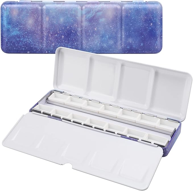 LOONENG Empty Watercolor Palette, Empty Watercolor Tin with Fold Out Palette, Medium Purple Watercolor Tray Palette with 14 Empty Full Pans for Plein Air Painting and Sketching