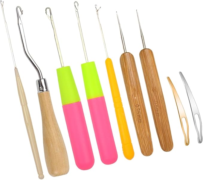 9 Pcs Dreadlocks Tool Set Latch Hook Different Sizes Small Crochet Hooks Needle Interlocking Tool for Locs Hair Braiding, Rug Making and Art Crafts