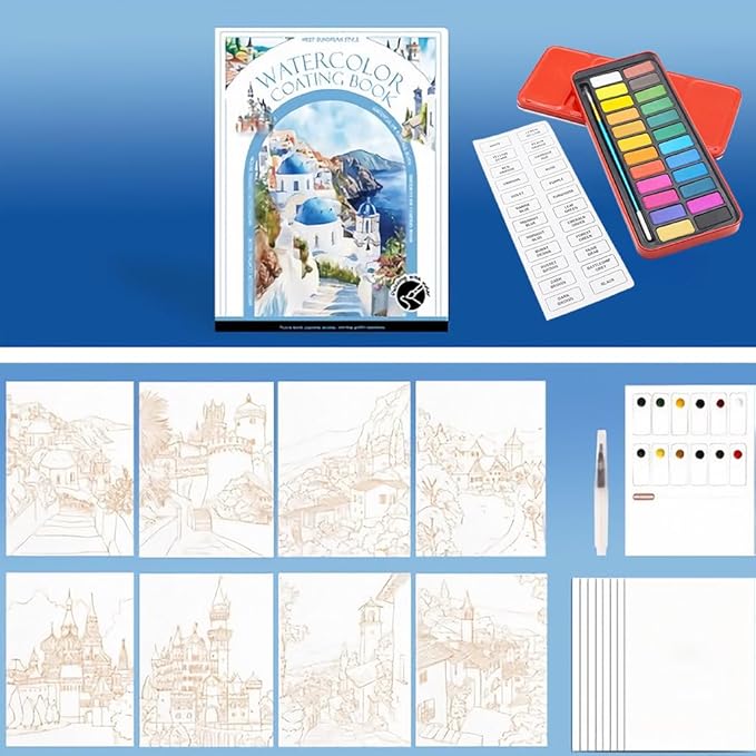 RGBMIX Watercolor Coloring Book for Adults Stress Relief Foldable Painting Pad with 24-Color Paint (OUSHI)