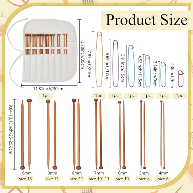 EVERJOYCRAFT 14pcs 7 Pairs Natural Bamboo Knitting Needles Set with Yarn Stitch Holders & Canvas Bag Long Single Point Straight Wood Needles Knitting Starter Kit for Beginners Adults Sweater Scarf
