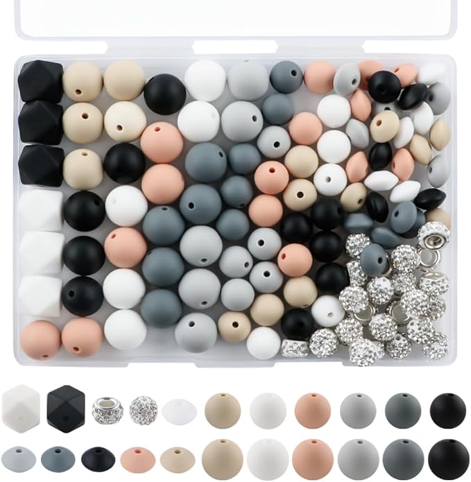 120Pcs Multicolor 12mm 15mm Silicone Beads for Keychain Making, 14mm Hexagon Beads Rhinestone Round Spacer 10mm for DIY Handicrafts(Gray)