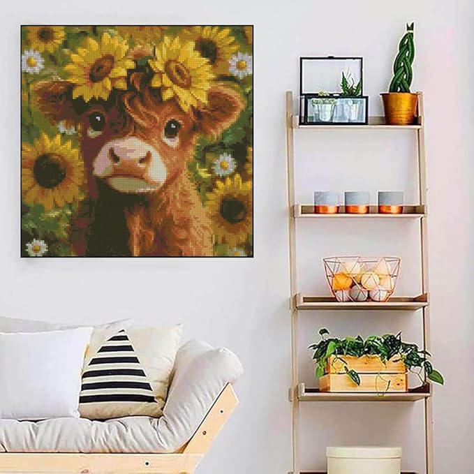 stamping cross stitch kit highland cow, counting cross stitch kit for adult beginners sunflower, cow full line diy cross stitch stitching kit for home decor cross stitch patterns 13.7x13.7 inches