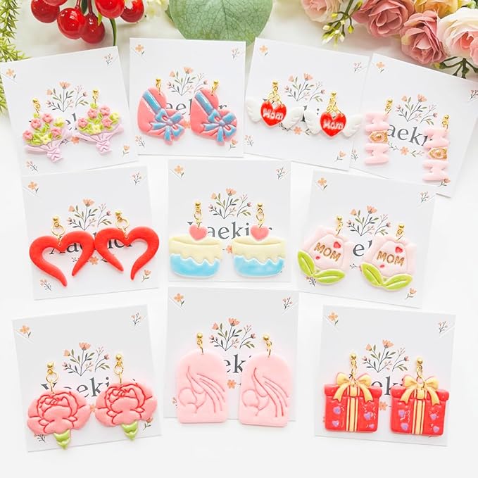 Mother’s Day Polymer Clay Cutters & Stamp Set - 12pcs Sharp & Durable Mom, Heart, Cake, Carnation & Gift Shapes for DIY Earring Jewelry Making, Soft Clay Crafts & Holiday Supplies