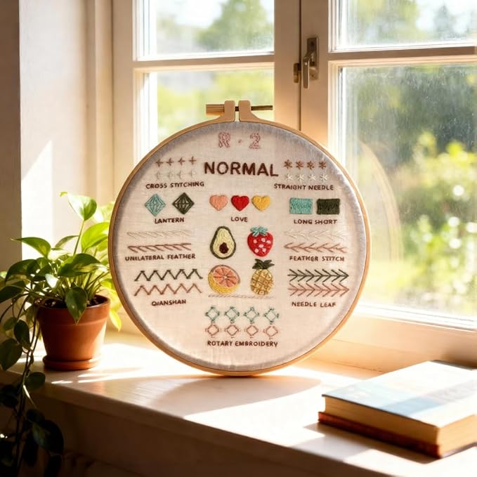 PALUPJEF Embroidery Kit for Beginner and Adults, 4 Hoop Set to Learn 38 Stitches with Pre-Stamped Patterns, Complete Starter Kit with Instructions, DIY Gift for Women